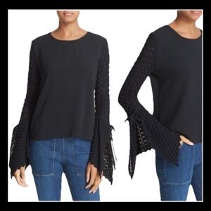 SEE BY CHLOE $295 Black Crepe Crochet Knit Bell Slit Sleeve Top Size 40
